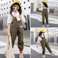 迪鲁奥（DILUAO)女童时尚背带裤套装春秋新款韩版3-8-15岁中大童长袖衬衫网红吊带裤两件套小女孩秋季超洋气背带