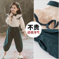 迪鲁奥(DILUAO)女童秋季衬衫套装淑女装3-5-8-15岁中大童新款韩版蝴蝶结衬衣花苞灯笼裤两件套小女孩春秋衣服