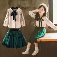 迪鲁奥(DILUAO)童装女童套装儿童2021春装新款中大童时尚木耳边衬衫纱裙两件套3-15岁小女孩小学生休闲运动衣