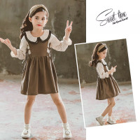 迪鲁奥（DILUAO)童装女童套装春秋洋气衬衫背心裙两件套2021新款韩版中大童女宝宝时尚甜美裙子小女孩秋季套裙潮 卡其