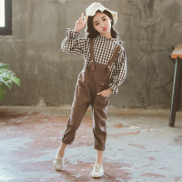 迪鲁奥(DILUAO)童装女童春秋背带裤套装2021新款女孩格子8花边领衬衫中大童1015岁韩版宽松时髦两件套 图片色