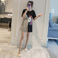 迪鲁奥(DILUAO)孕妇裙子夏天时尚拼接宽松上衣中长款大码潮妈T恤孕妇短袖连衣裙 黑色