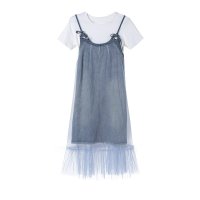 迪鲁奥(DILUAO)孕妇夏季连衣裙中长款时尚牛仔背带裙短袖上衣孕妇裙子夏天两件套 天蓝色