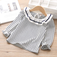 迪鲁奥(DILUAO)2021新款女童秋装T恤可爱女宝宝翻领套头衫儿童竖条纹百搭T恤衫