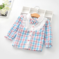 迪鲁奥(DILUAO)女童秋装长袖衬衫2021新款女宝宝蕾丝花边上衣儿童领结格子衬衣潮 浅蓝格子