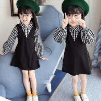 迪鲁奥(DILUAO)2021新款韩版1秋款3时尚4儿童6格子衬衫领假两件套七岁女童连衣裙 80051-假格领黑裙