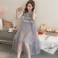 迪鲁奥(DILUAO)孕妇装2021夏装新款韩版拼接网纱孕妇连衣裙时尚立体花边孕妇裙子 灰色