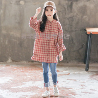 迪鲁奥(DILUAO)女童格子衬衫2021新款洋气儿童衬衣长袖春秋款中大童秋装上衣 红色
