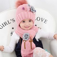 迪鲁奥(DILUAO)儿童加绒毛线帽2-3-4岁5秋冬女童保暖护耳帽围巾婴儿公主小女孩帽 大花朵毛球加绒套装-粉色 2-