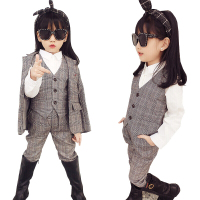 迪鲁奥(DILUAO)女童西装套装春秋儿童马甲三件套格子英伦韩版小女孩洋气西服外套