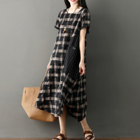迪鲁奥(DILUAO)2021夏装新款时尚短袖棉麻格纹中长连衣裙韩版显瘦宽松大码孕妇裙 黑色