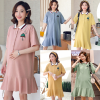 迪鲁奥(DILUAO)!中长款POLO领T恤女短袖夏装孕妇装ins洋气鱼尾裙可哺乳上衣