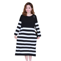 迪鲁奥(DILUAO)孕妇装2021春秋韩版针织条纹宽松孕妇连衣裙休闲中长款外出孕妇裙 黑色 均码