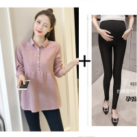 迪鲁奥(DILUAO)孕妇装套装时尚款2021新款秋装孕妇衬衫外出潮妈娃娃衫上衣两件套