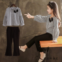 迪鲁奥(DILUAO)女童洋气套装2021新款春秋装时髦两件套装儿童上衣长袖衬衫喇叭裤 黑色