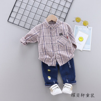 迪鲁奥（DILUAO)男宝宝 秋季新款韩版休闲格子字母翻领长袖衬衫两件套中小童童套装