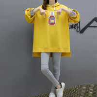 迪鲁奥(DILUAO) 孕妇装套装秋季2021新款宽松连帽卡通图案中长款上衣+托腹裤两件套