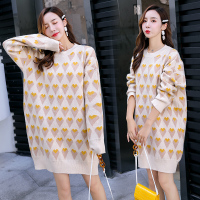 迪鲁奥(DILUAO)孕妇装秋冬装套装孕妇时尚中长款套头爱心上衣外穿怀孕期 米色 均码[适合约90-1