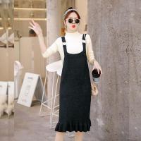 迪鲁奥(DILUAO)孕妇装秋装中长款宽松韩版两件套条纹外套洋气秋装孕妇时尚套装 黑色外搭吊带裙+白色内搭[