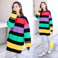 迪鲁奥(DILUAO)孕妇装秋装秋季遮肉彩虹条纹宽松中长款长袖套装怀孕期 黑色 均码[适合约90-160斤]
