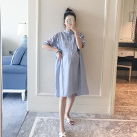 迪鲁奥(DILUAO)苒琪琪孕妇装夏装2021新款韩版小清新孕妇裙中长款短袖孕妇连衣裙夏 蓝色
