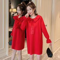 迪鲁奥(DILUAO)苒琪琪孕妇装秋冬装孕妇毛衣连衣裙蝴蝶结宽松中长款孕妇裙 红色 均码