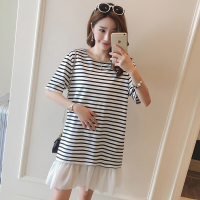 迪鲁奥(DILUAO)孕妇夏装夏新款韩版圆领短袖拼边条纹宽松孕妇连衣裙孕妇裙B98-28 黑色条纹 均码