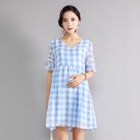 迪鲁奥(DILUAO)孕妇装夏孕妇连衣裙 夏季天女装潮妈怀孕妇装中长款格子连衣裙孕妇裙B309-19.9 蓝色