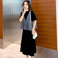 迪鲁奥(DILUAO)孕妇时尚套装夏装2021新款纯色大码T恤长裙+格子背心上衣 黑色