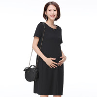 迪鲁奥(DILUAO)孕妇春夏装2021新款黑色职业连衣裙韩版中长款短袖夏季纯棉孕妇裙