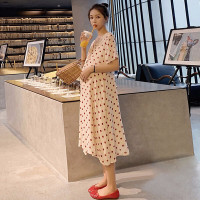 迪鲁奥(DILUAO)孕妇装夏装外出2021新款波点雪纺孕妇连衣裙中长款时尚潮妈孕妇裙子夏季宽松透气 杏粉色