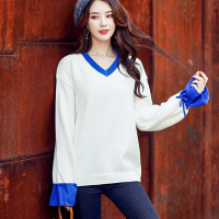 迪鲁奥(DILUAO)孕妇秋冬装套头V领孕妇装韩版时尚百搭显瘦宽松大码喇叭袖系带秋冬季打底衫新款撞色拼接减龄上