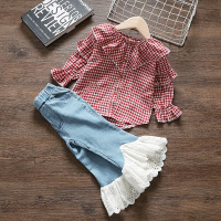 迪鲁奥(DILUAO)[同款折扣店]春秋新款 女童春秋装套装2021新款小童儿童洋气格子衬衫喇叭裤宝宝两件套女
