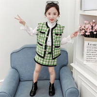 迪鲁奥(DILUAO) 女童套装粗花呢马甲短裙牛油果秋季新款童装小香风女童两件套 绿色