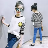 迪鲁奥(DILUAO)女童T恤长袖 中大童打底衫春季新款 女孩儿童卫衣条纹 白色