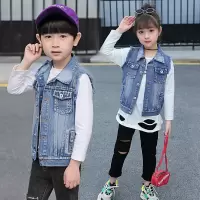 迪鲁奥(DILUAO)男童牛仔马甲 儿童春季新款 中大童女童牛仔夹克无袖 男孩女孩宝宝外套上衣 蓝色