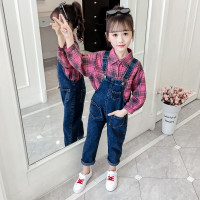 迪鲁奥(DILUAO)品牌童装女儿童套装2021秋装新款韩版洋气牛仔背带裤格子衬衫套装小学生女童中大童套装 图片色