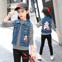 迪鲁奥(DILUAO)童装女童百搭马甲外套春秋款2021秋季新款儿童无袖坎肩中大童夹克无袖女孩宝宝外套上衣 蓝色