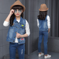 迪鲁奥(DILUAO)童装女童马甲牛仔马甲外套春秋款2021秋季新款儿童无袖中大童坎肩夹克无袖女孩宝宝上衣 蓝色