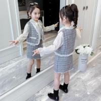 迪鲁奥(DILUAO)女童2021秋款女宝小香风套装儿童名媛精致马甲短裤两件 浅蓝色