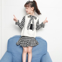 迪鲁奥(DILUAO)女童连衣裙2021春秋装儿童洋气针织衫马甲格子套装两件套裙子