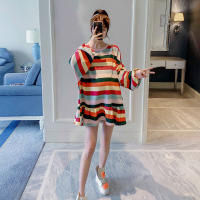 迪鲁奥（DILUAO)孕妇装秋装上衣2021新款时尚套头印宽松韩版长袖孕妈妈条纹卫衣 粉色 均码
