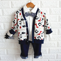 迪鲁奥(DILUAO)童装秋款男宝宝可拆卸领结衬衫外套牛仔长裤三件套装 藏蓝