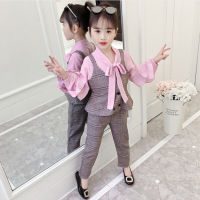 迪鲁奥(DILUAO)童装秋款西装马甲蝴蝶结衬衣裙裤时尚套装中大童女童三件洋气