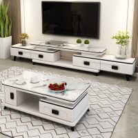苏宁严选 大理石茶几电视柜组合现代简约经济型客厅烤漆伸缩小户型钢化玻璃欧因