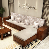 苏宁严选 实木沙发 现代中式客厅简约冬夏两用布艺沙发 小户型三人沙发组合 四人+贵妃榻 组合欧因