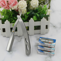 理发店专用老式剃刀手动刮刀剃须刀剃头发刀刮脸刀刮胡刀削发刀架 银色刀架+30片刀片