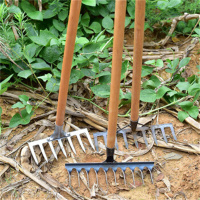 环杰农用工具钉耙HJ-1402抓钩翻土平地搂草铁耙子五齿耙+1.2米槐木柄