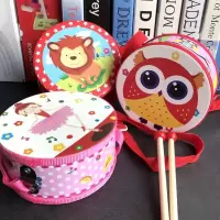 木制宝宝手敲鼓双面鼓儿童打击乐器军鼓拍拍鼓早教音乐玩具小鼓 七彩熊头15厘米双面鼓红丝带