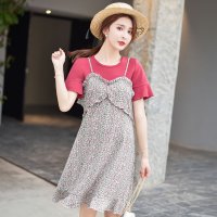 兔妈[哺乳裙]孕妇装夏甜美简约修身外出喂奶孕产妇两件套碎花连衣裙